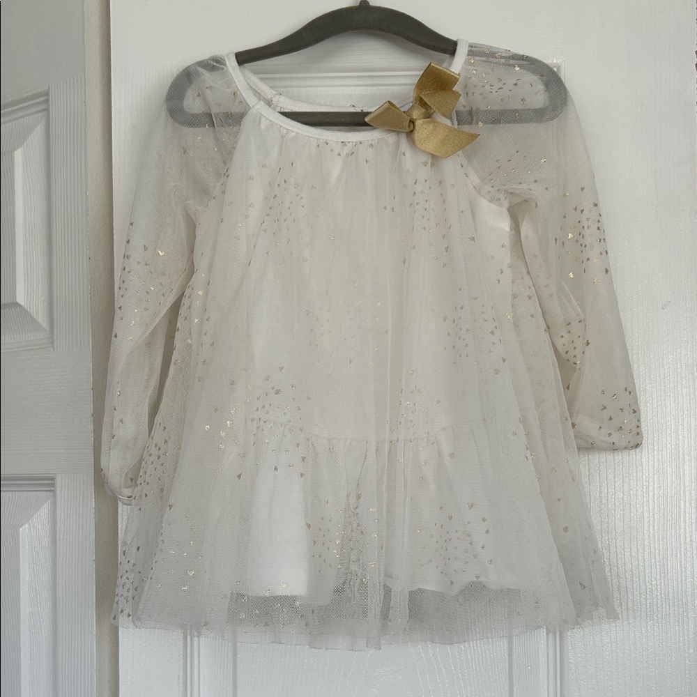 Girls' Cream Tulle Formal Dress with Gold Bow Accent